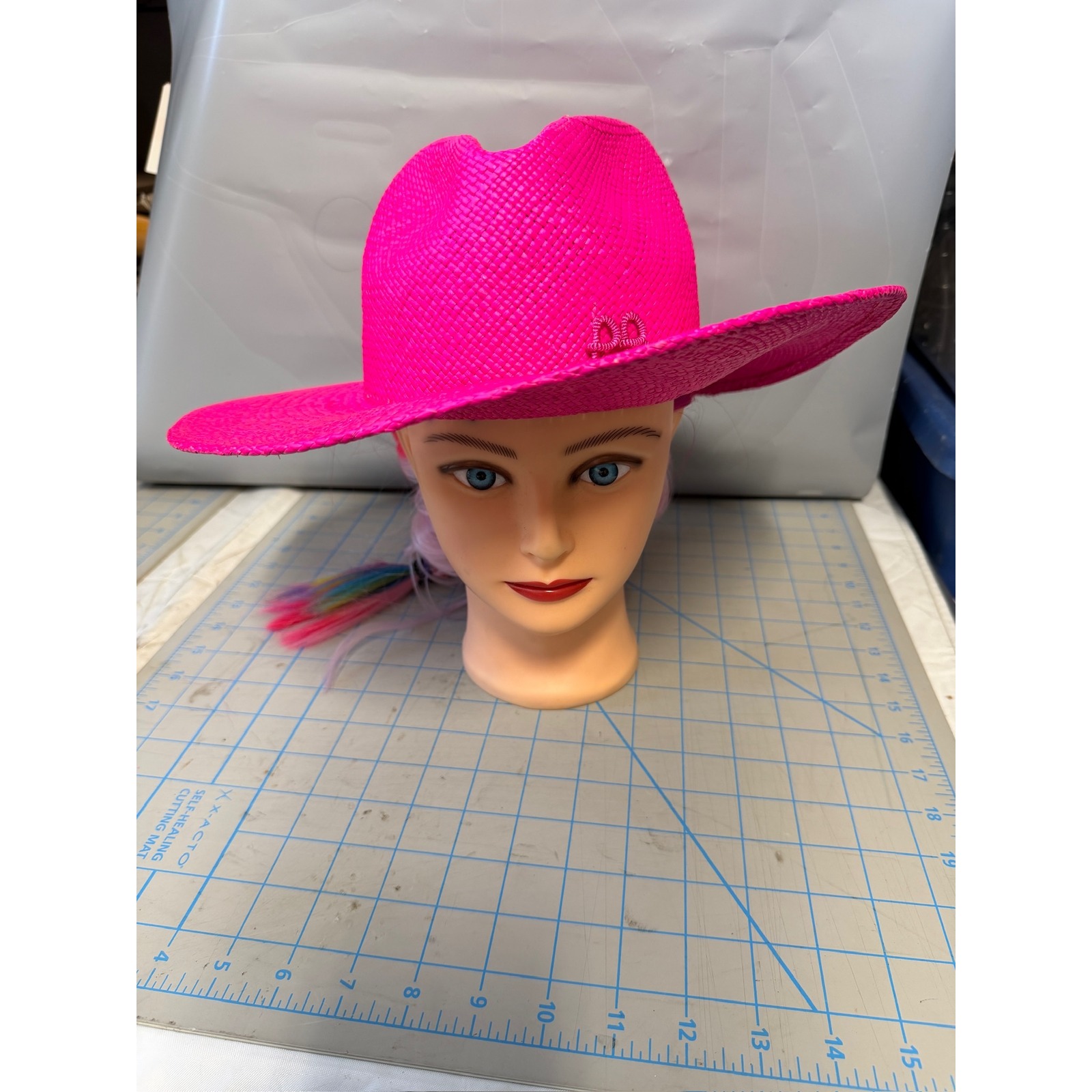 Ruslan Baginskiy Neon Pink Straw Fedora Hat Rb Monogram Size S Made In Ukraine
